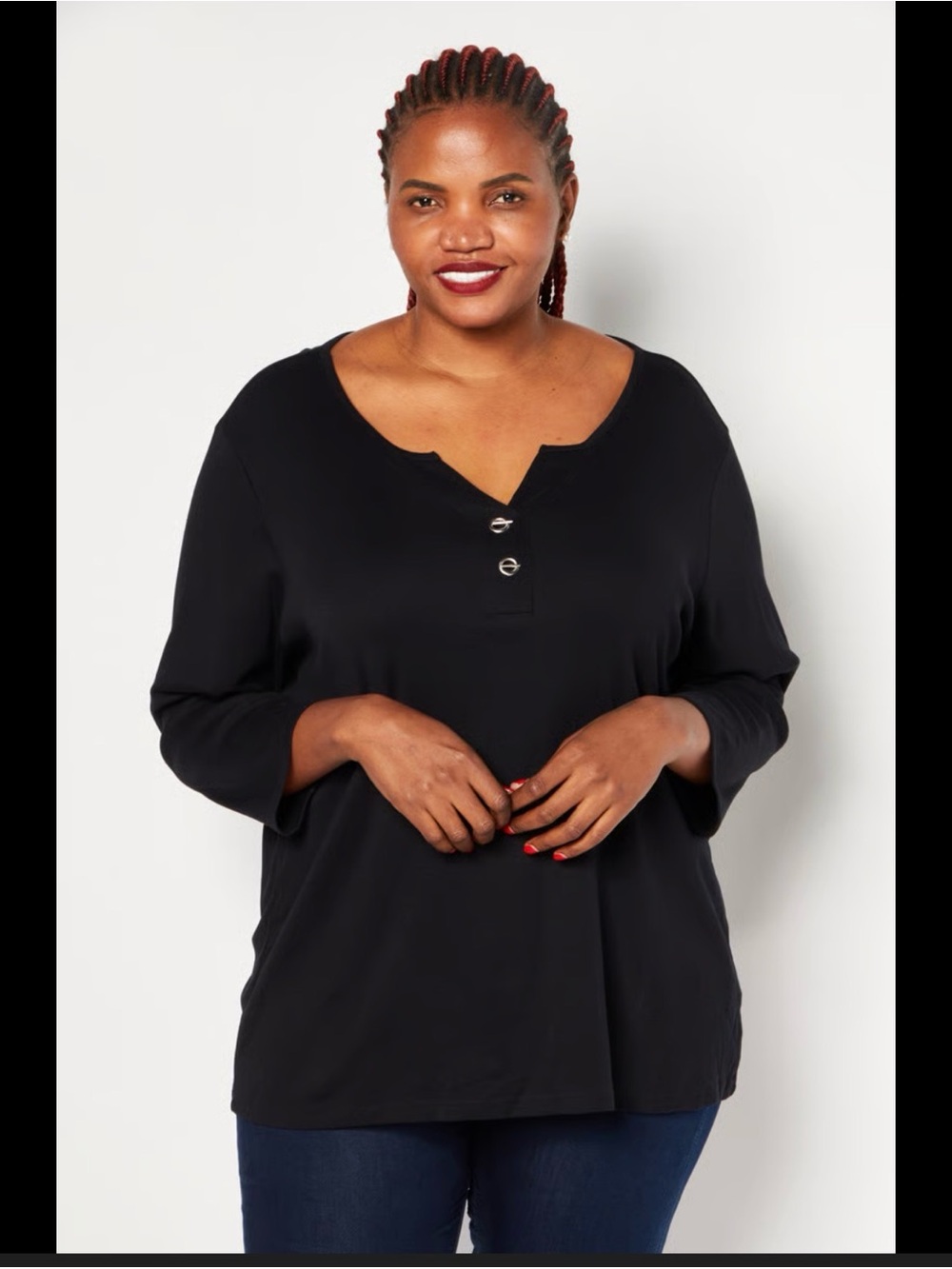 Karen Scott Black Notch-Neck Henley Long-Sleeve Top
